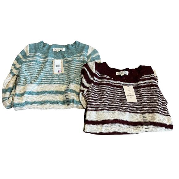 PINK ROSE lot of 2 Icon Sweater Light Knit Burgundy & Aqua Striped Women's Small - Picture 1 of 7